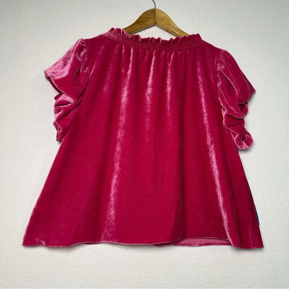 Free People Fuchsia Crop Top Terese Velvet Shorts Puff Sleeve Keyhole Tie Neck - Picture 3 of 16